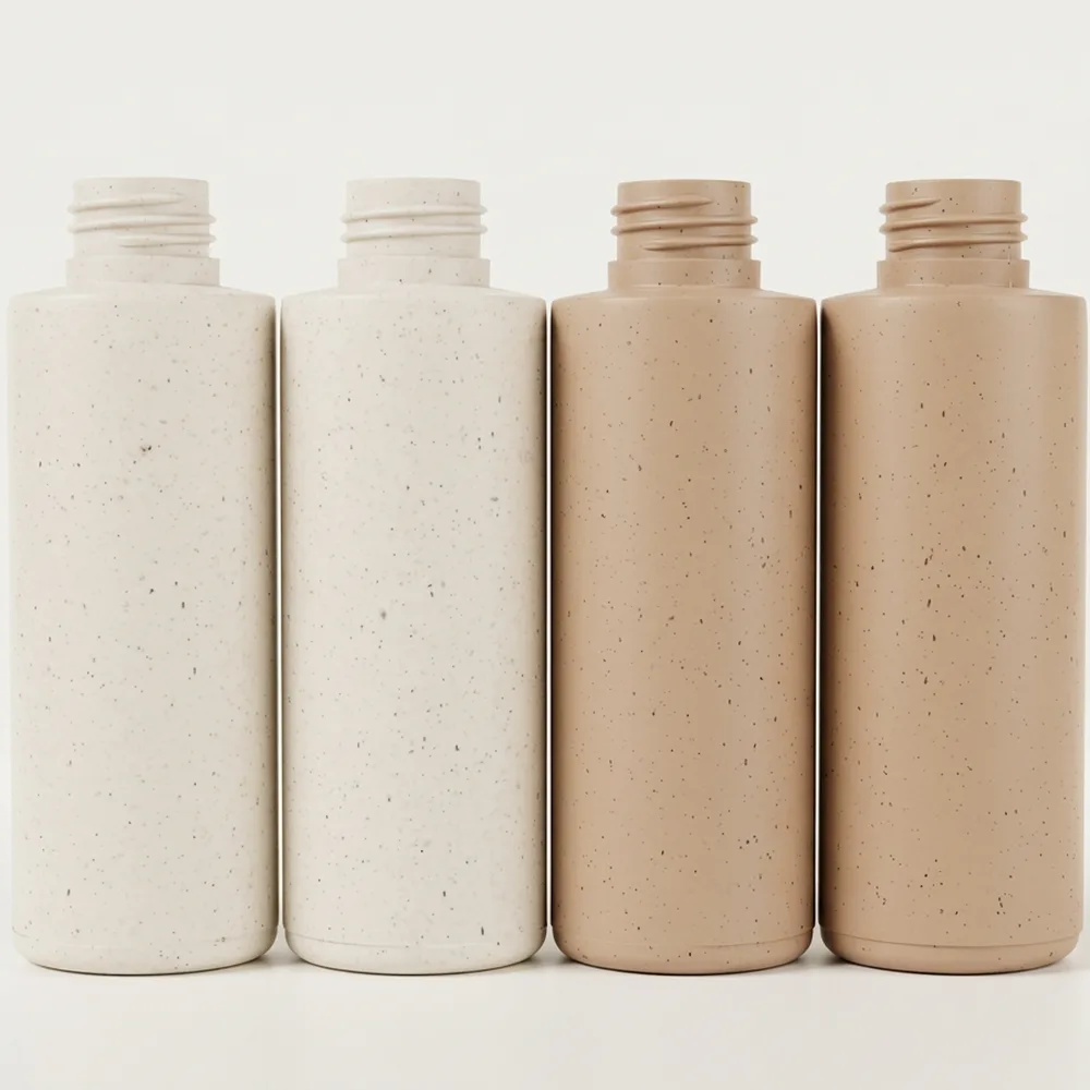 Natural and blush-tinted bamboo biopolymer bottles side by side