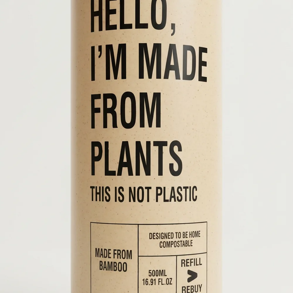 Bamboo biopolymer bottle with screen-printed branding