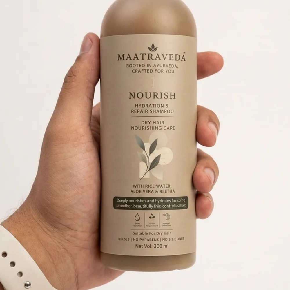 Bamboo biopolymer shampoo bottle with a fully printed brand label