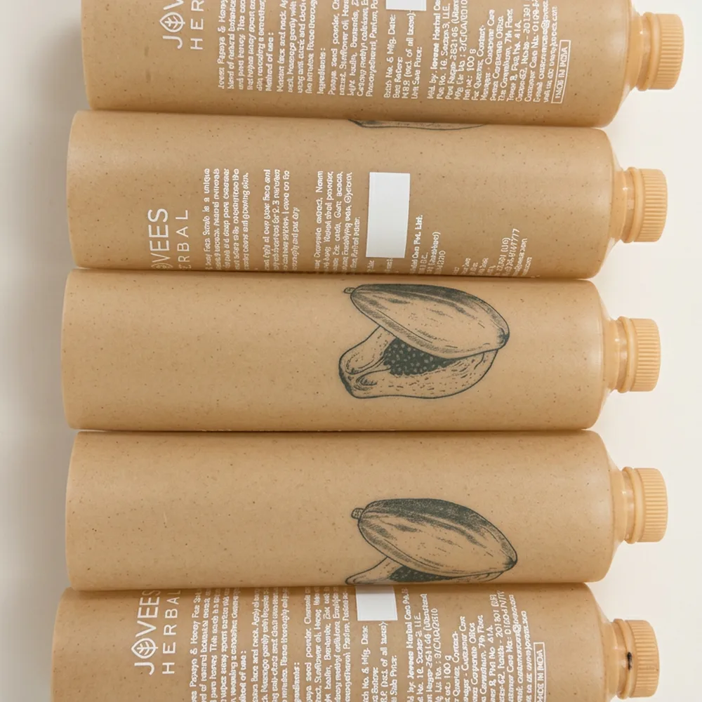 Row of bamboo biopolymer bottles with fully printed branding and illustrations